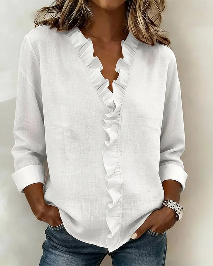 Isla Ruffle V-Neck Long-Sleeve Blouse