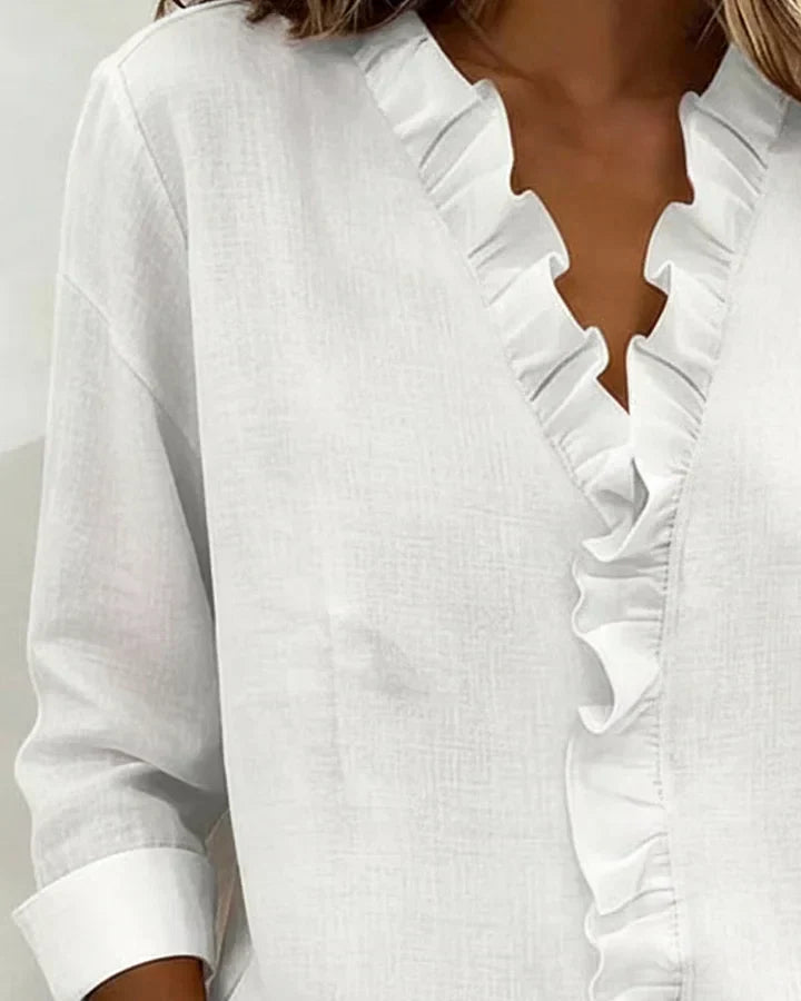 Isla Ruffle V-Neck Long-Sleeve Blouse