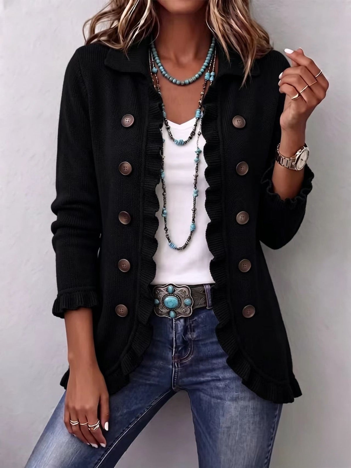 Ribbed Knit Ruffle Jacket