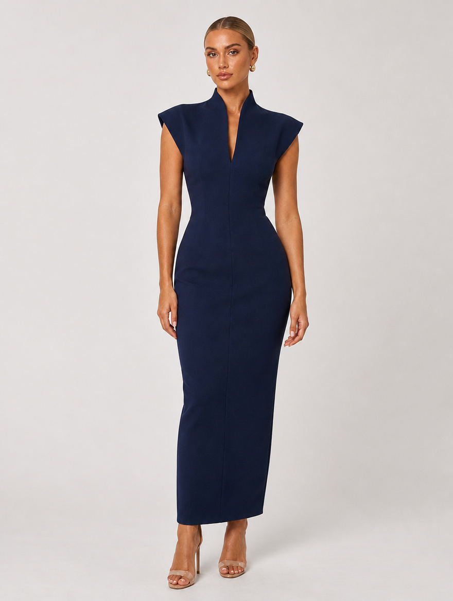 Margaux Structured-Shoulder Column Maxi - Navy Blue