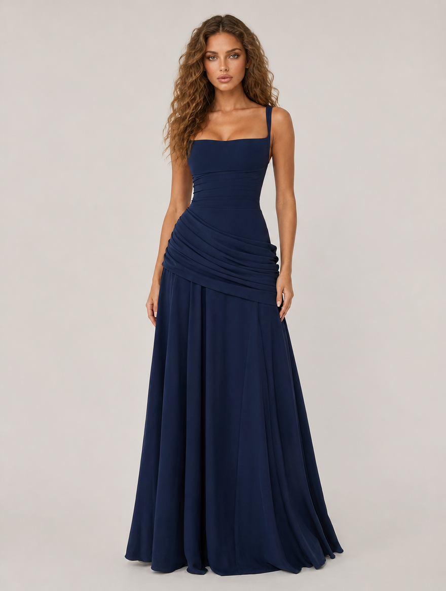Octavia Square-Neck Draped Maxi Dress - Navy Blue