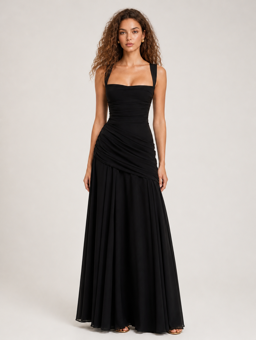 Octavia Square-Neck Draped Maxi Dress - Black