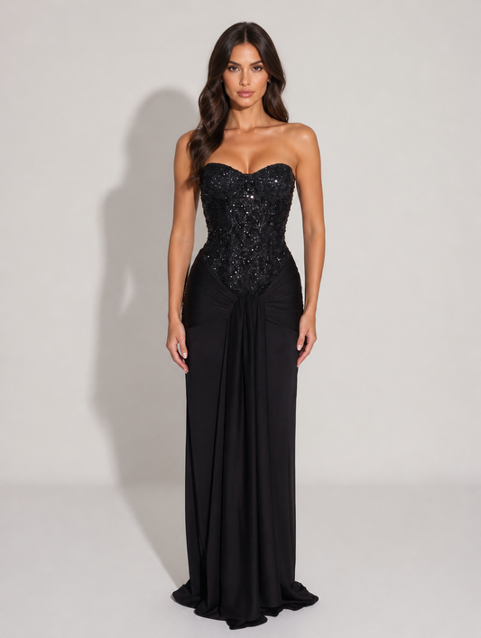 Celestine Embellished Corset Maxi Gown - Black