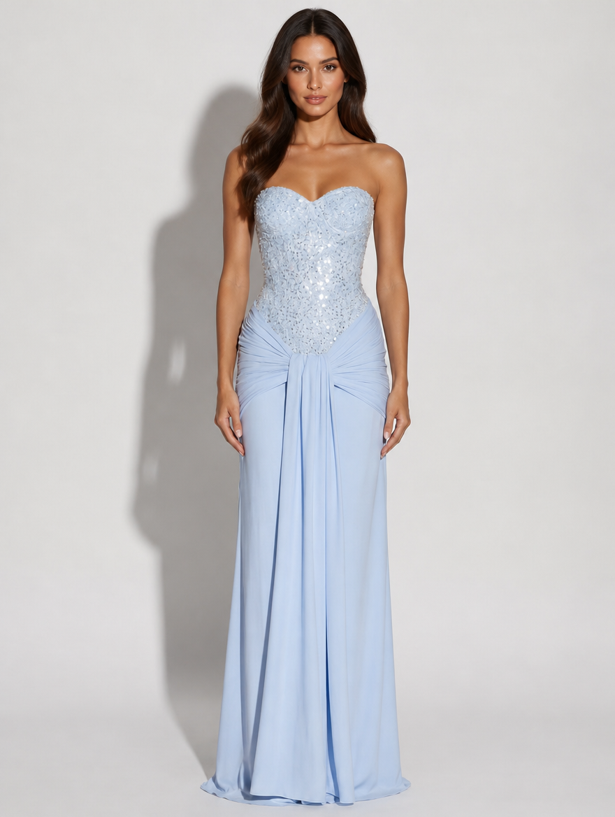 Celestine Embellished Corset Maxi Gown - Light Blue
