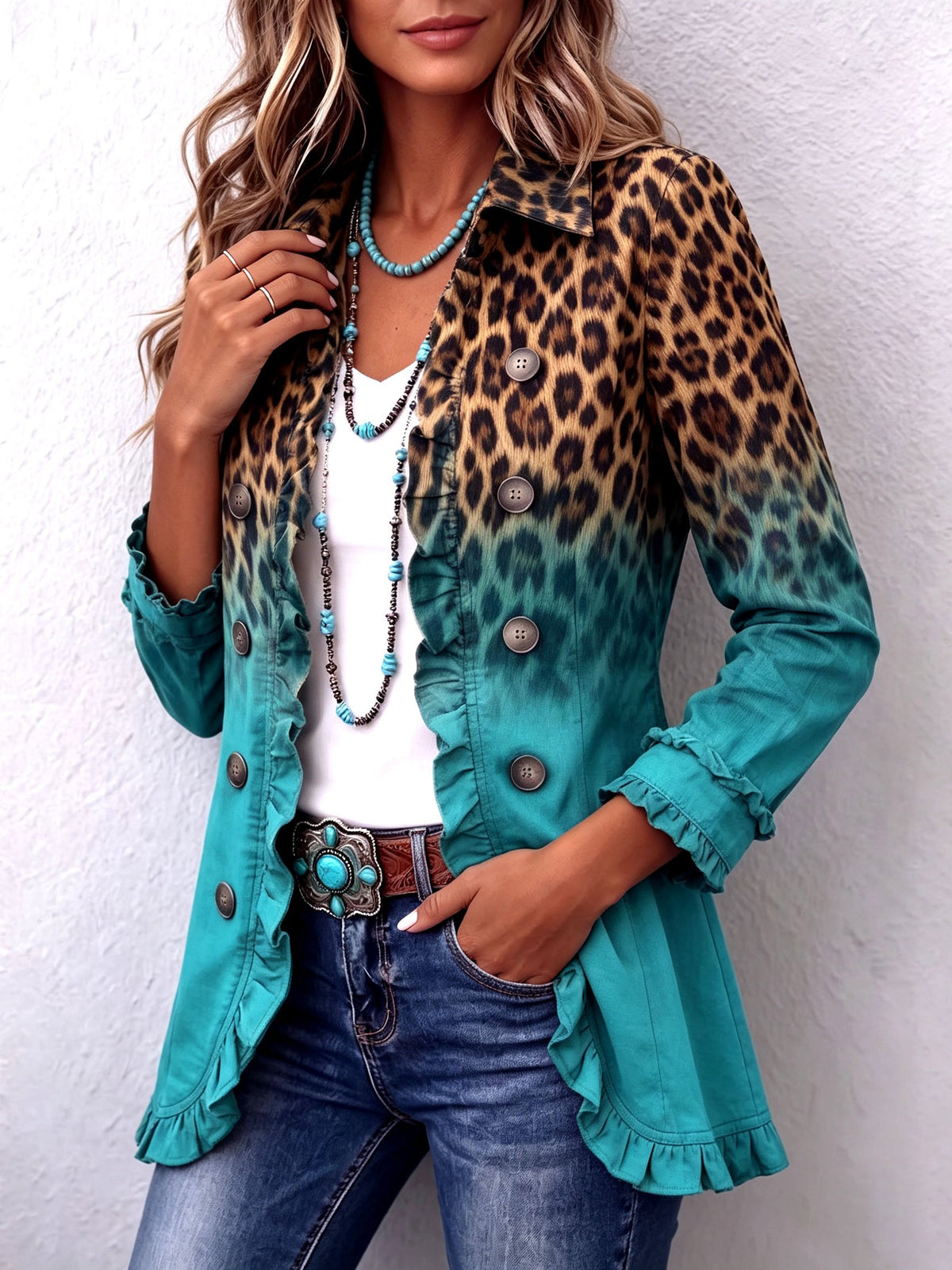 Gradient Leopard Ruffle Blazer