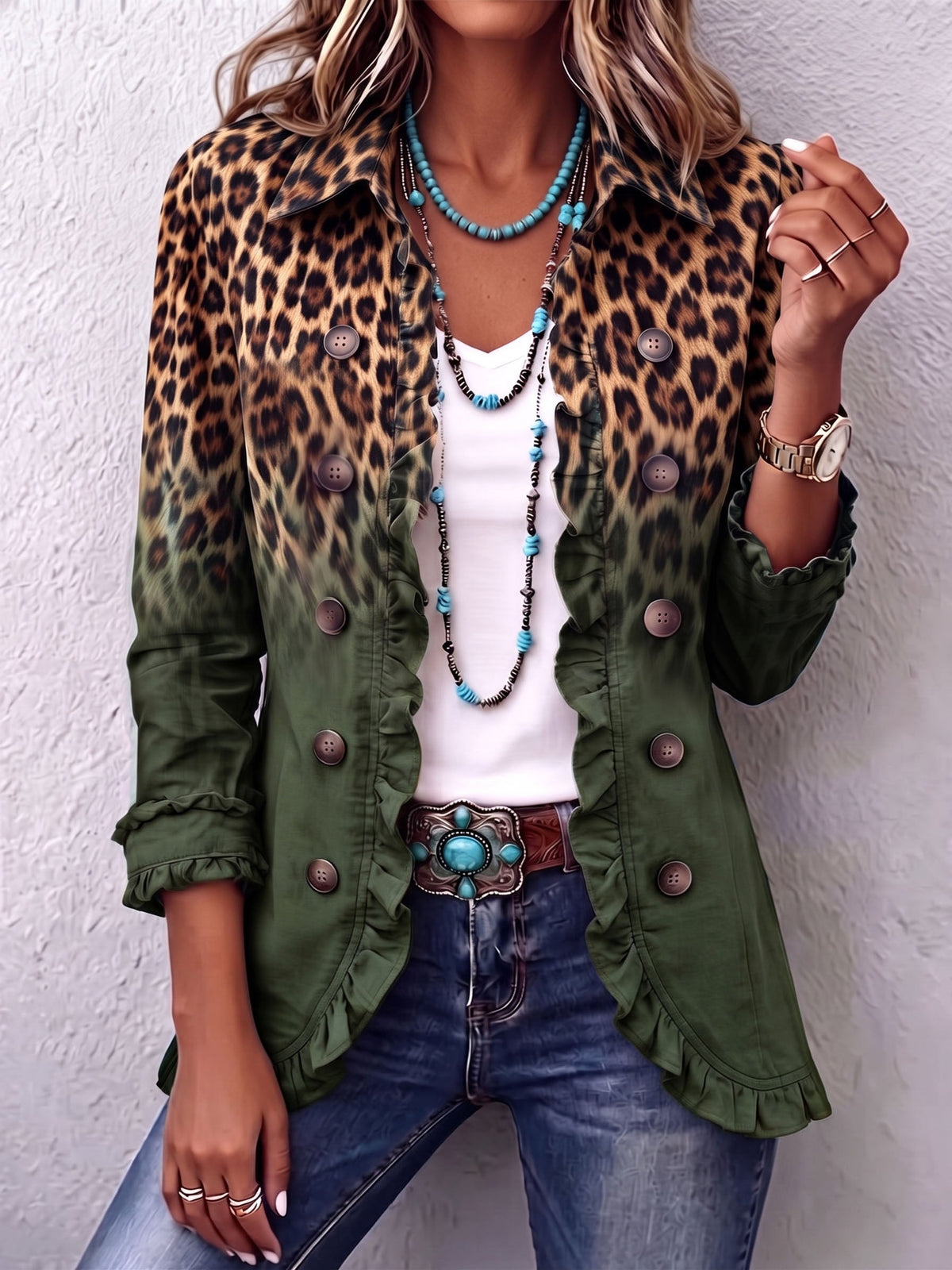Gradient Leopard Ruffle Blazer