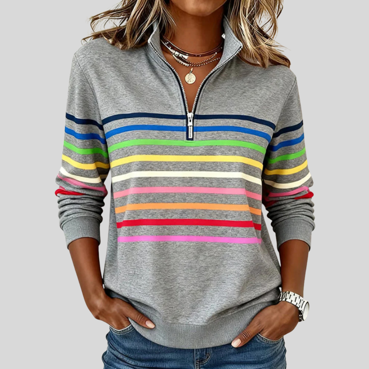 Nathalie Rainbow Stripe Zip Sweater