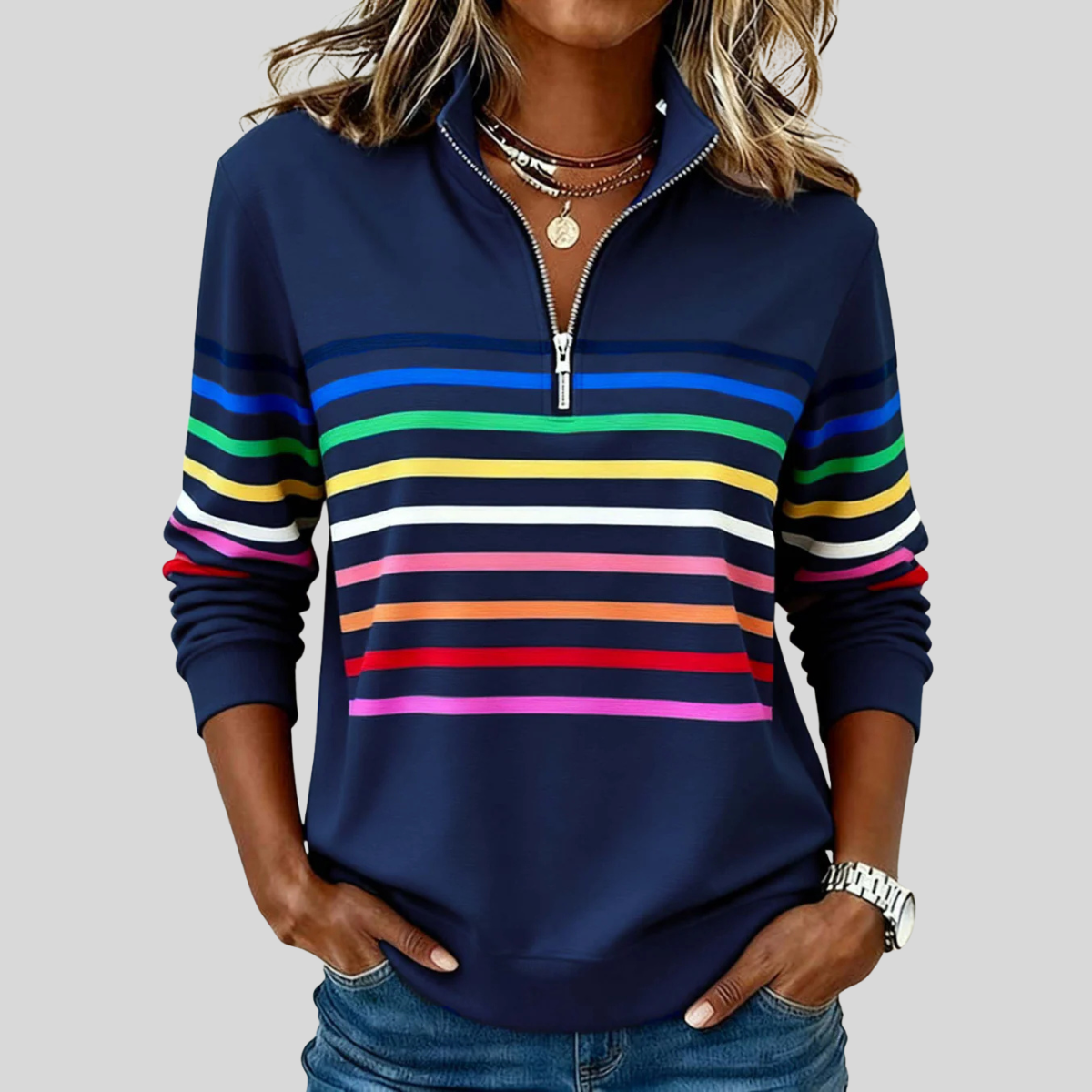 Nathalie Rainbow Stripe Zip Sweater