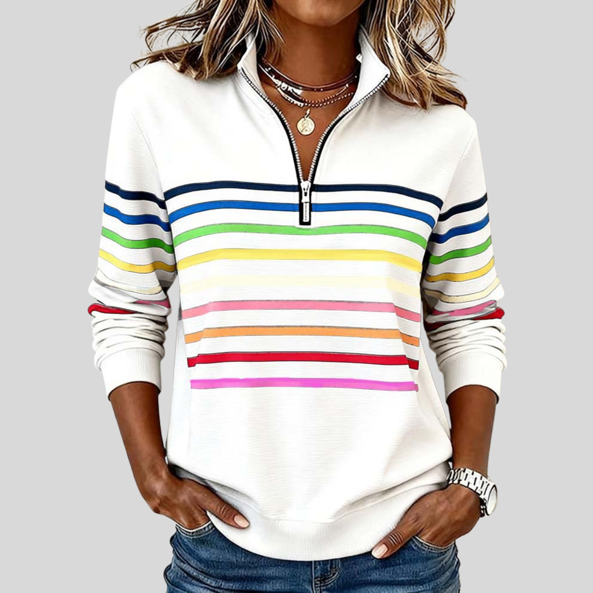 Nathalie Rainbow Stripe Zip Sweater