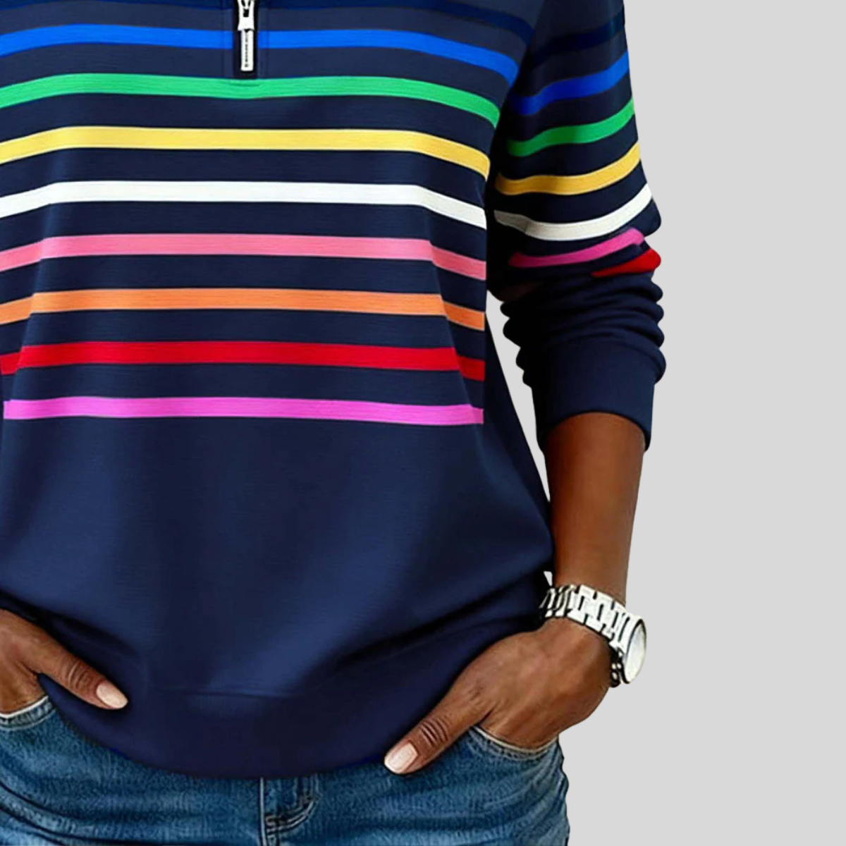 Nathalie Rainbow Stripe Zip Sweater