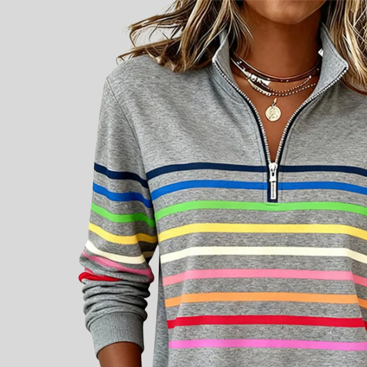 Nathalie Rainbow Stripe Zip Sweater