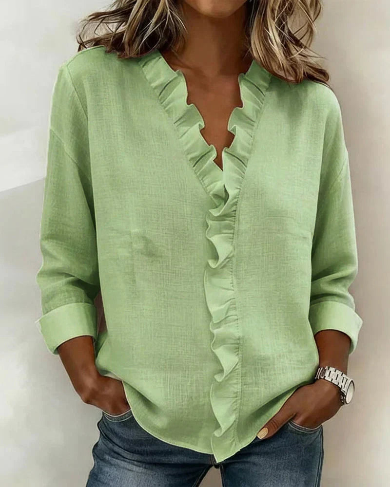 Isla Ruffle V-Neck Long-Sleeve Blouse