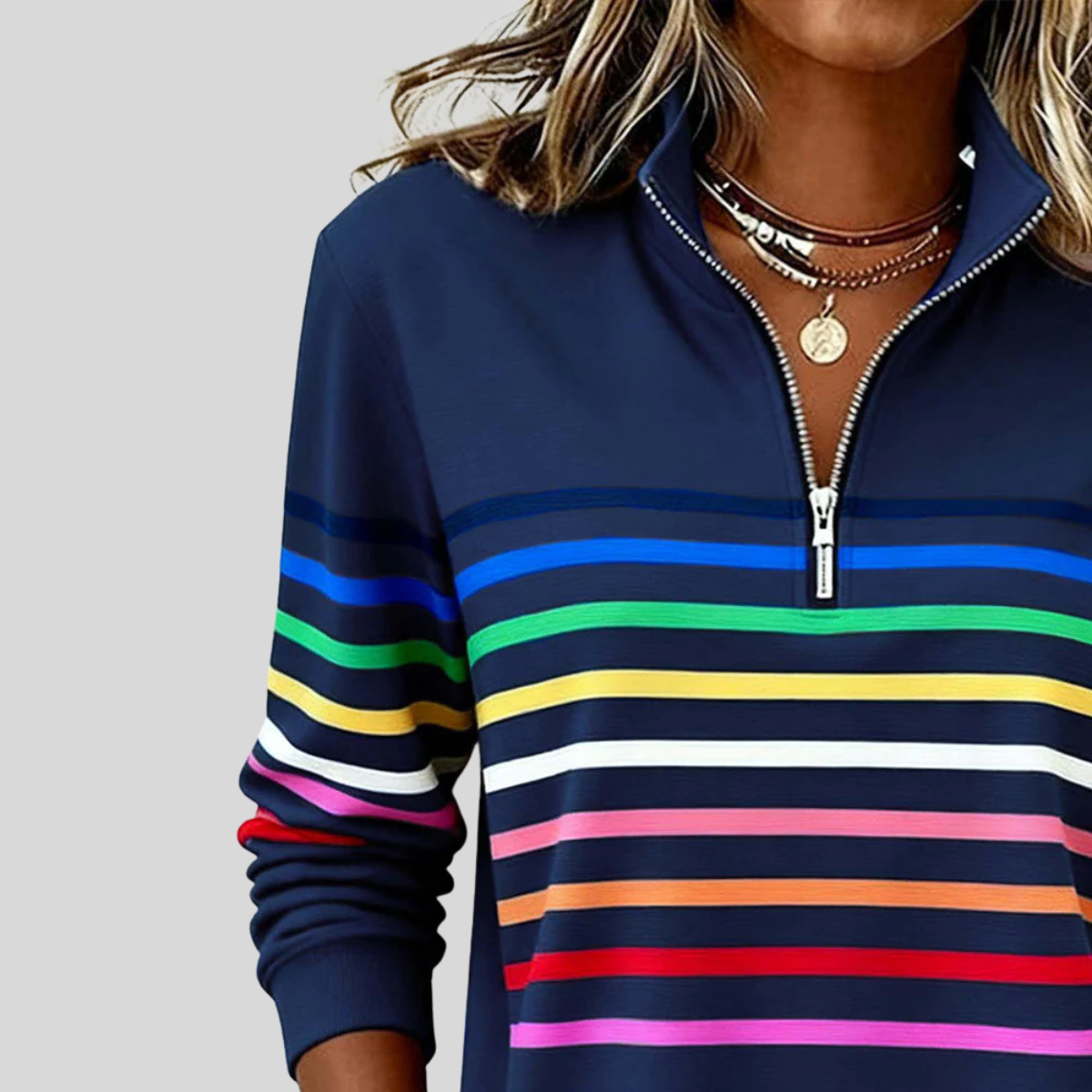 Nathalie Rainbow Stripe Zip Sweater