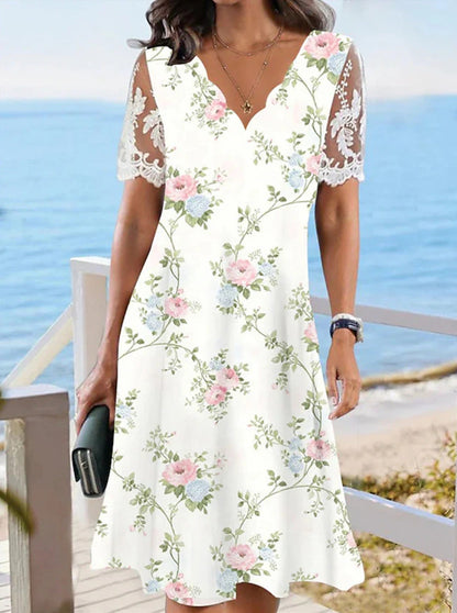 Eloise Lace-Sleeve Floral Midi Dress