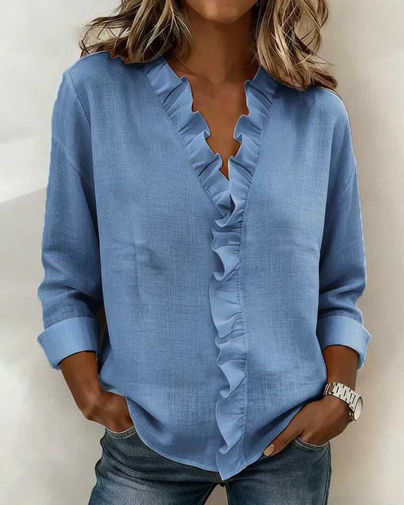 Isla Ruffle V-Neck Long-Sleeve Blouse