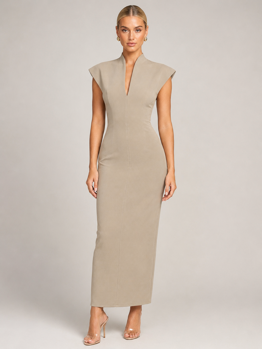 Margaux Structured-Shoulder Column Maxi - Khaki