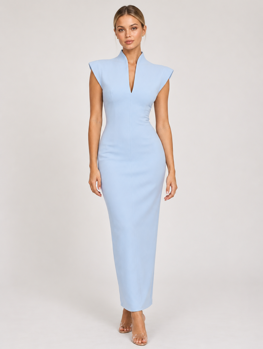 Margaux Structured-Shoulder Column Maxi - Light Blue