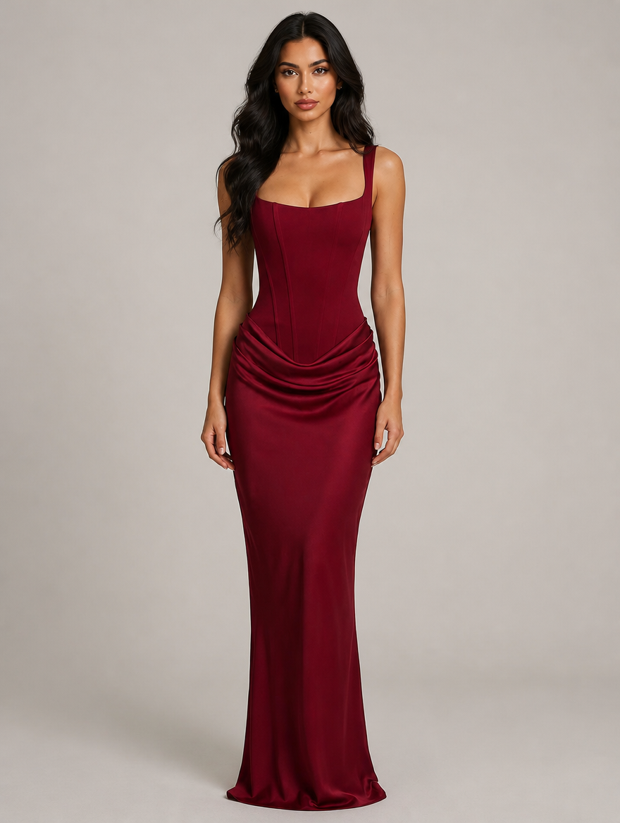 Isadora Hourglass Corset Maxi Dress - Burgundy