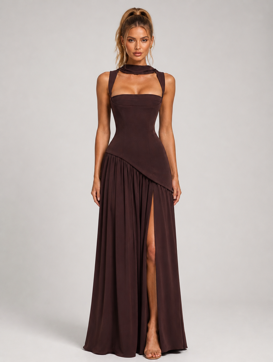 Valentina Scarf-Neck Corset Maxi Dress - Chocolate