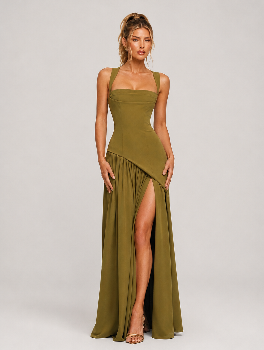 Valentina Scarf-Neck Corset Maxi Dress - Moss Green