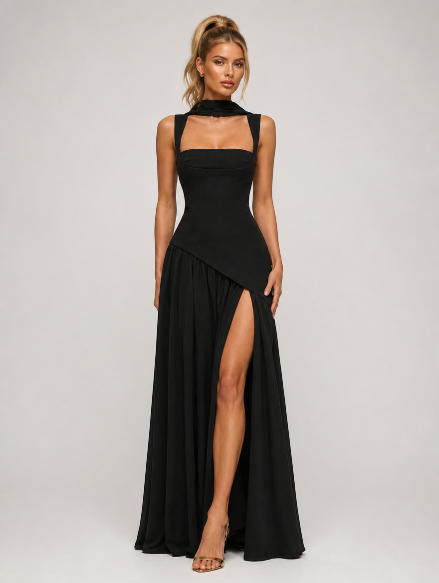 Valentina Scarf-Neck Corset Maxi Dress - Black