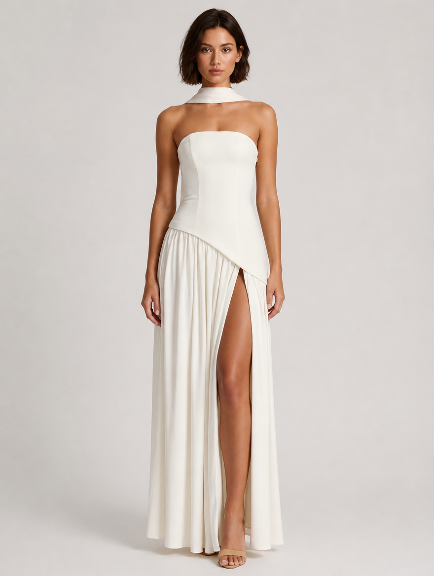 Seraphina Strapless Scarf Maxi Dress - White