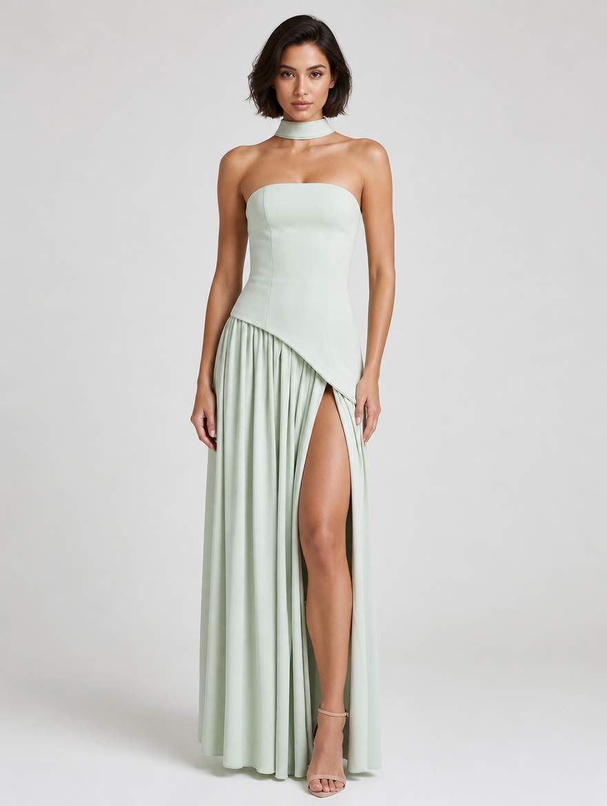 Seraphina Strapless Scarf Maxi Dress - Sage Green