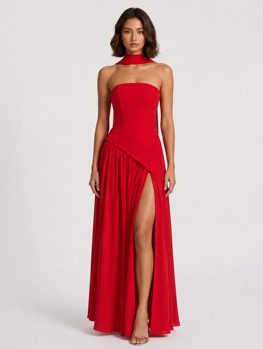 Seraphina Strapless Scarf Maxi Dress - Red