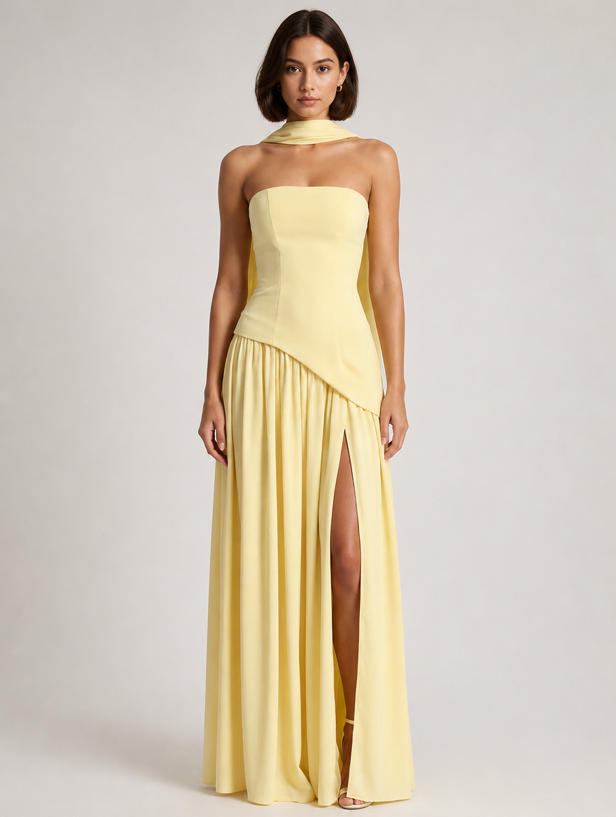 Seraphina Strapless Scarf Maxi Dress - Light Yellow