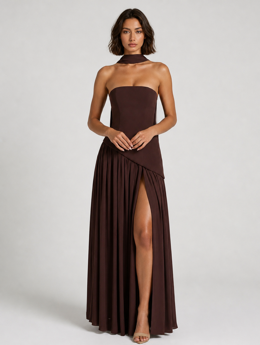 Seraphina Strapless Scarf Maxi Dress - Chocolate