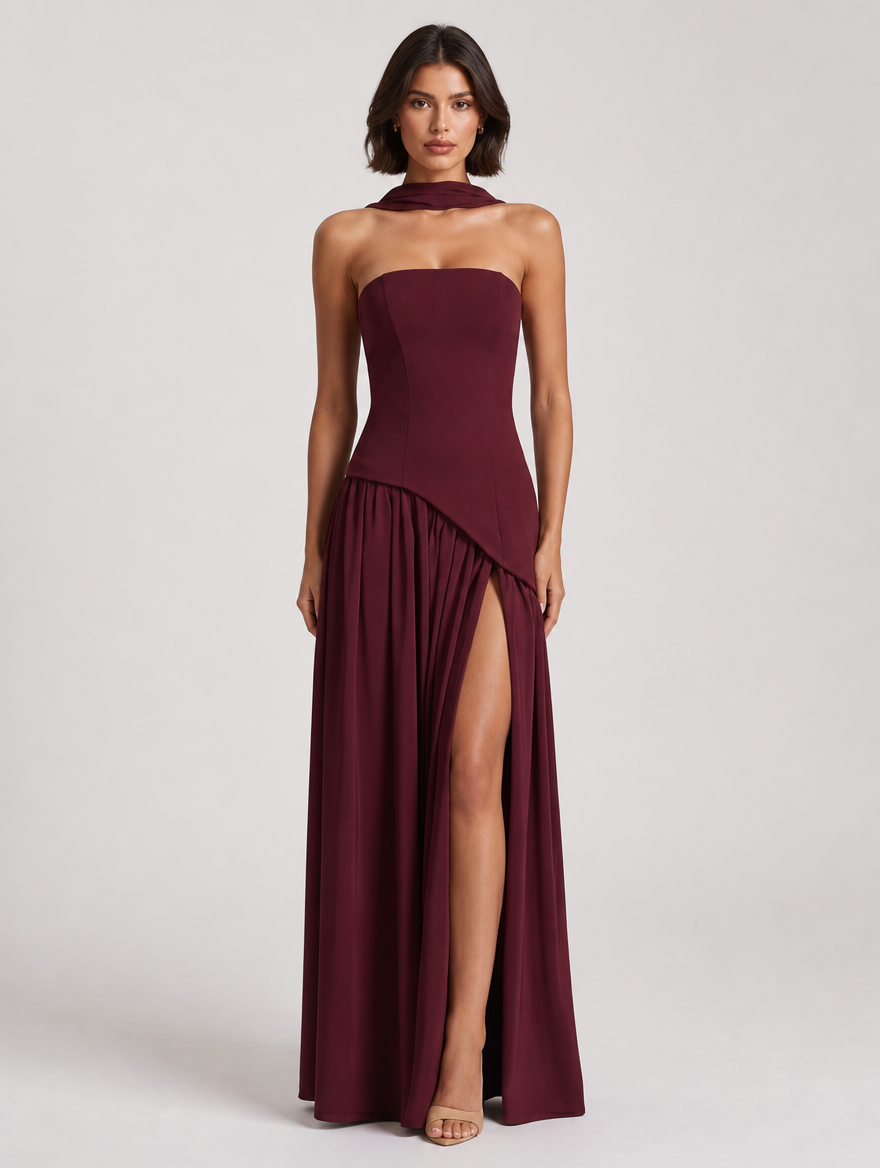 Seraphina Strapless Scarf Maxi Dress - Wine Red