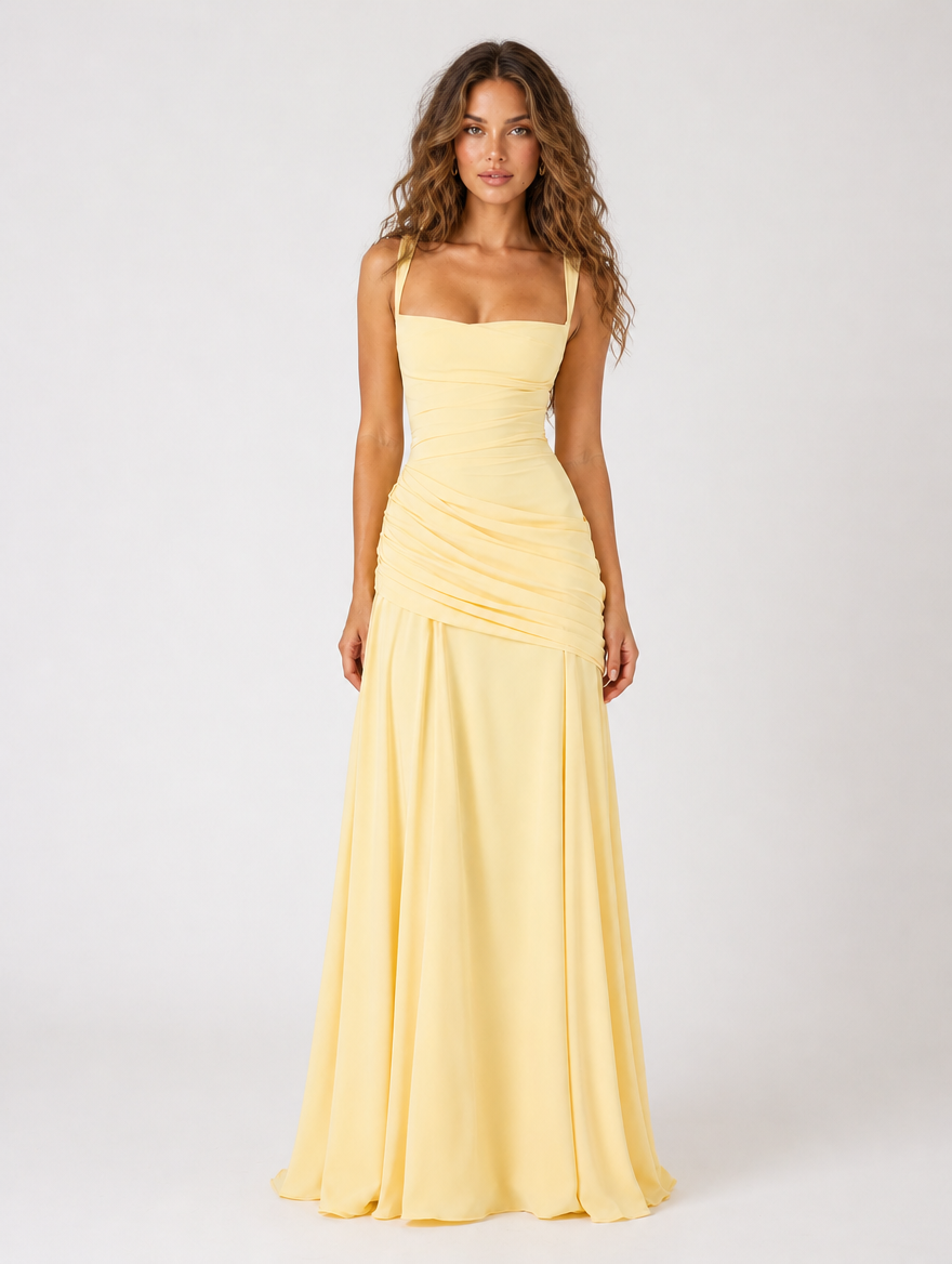 Octavia Square-Neck Draped Maxi Dress - Light Yellow