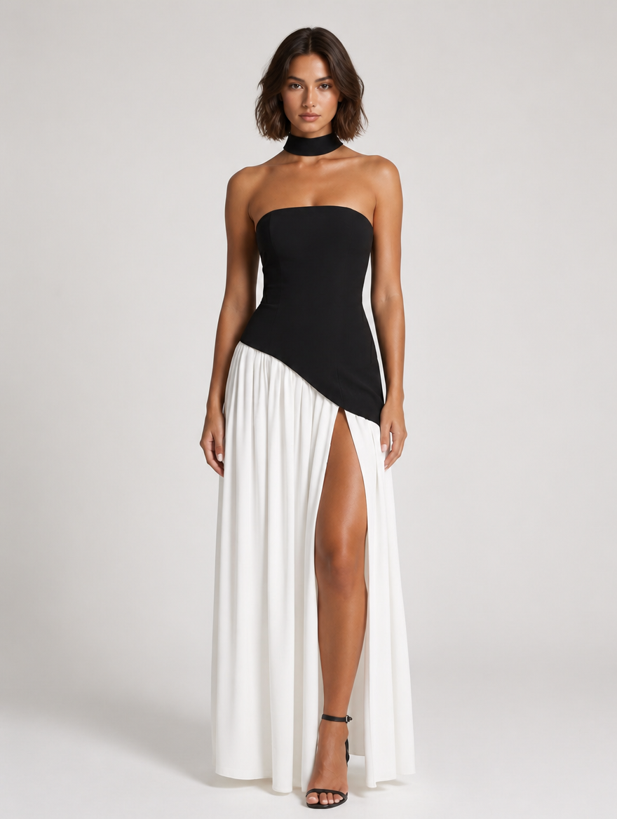 Seraphina Strapless Scarf Maxi Dress - Black/White