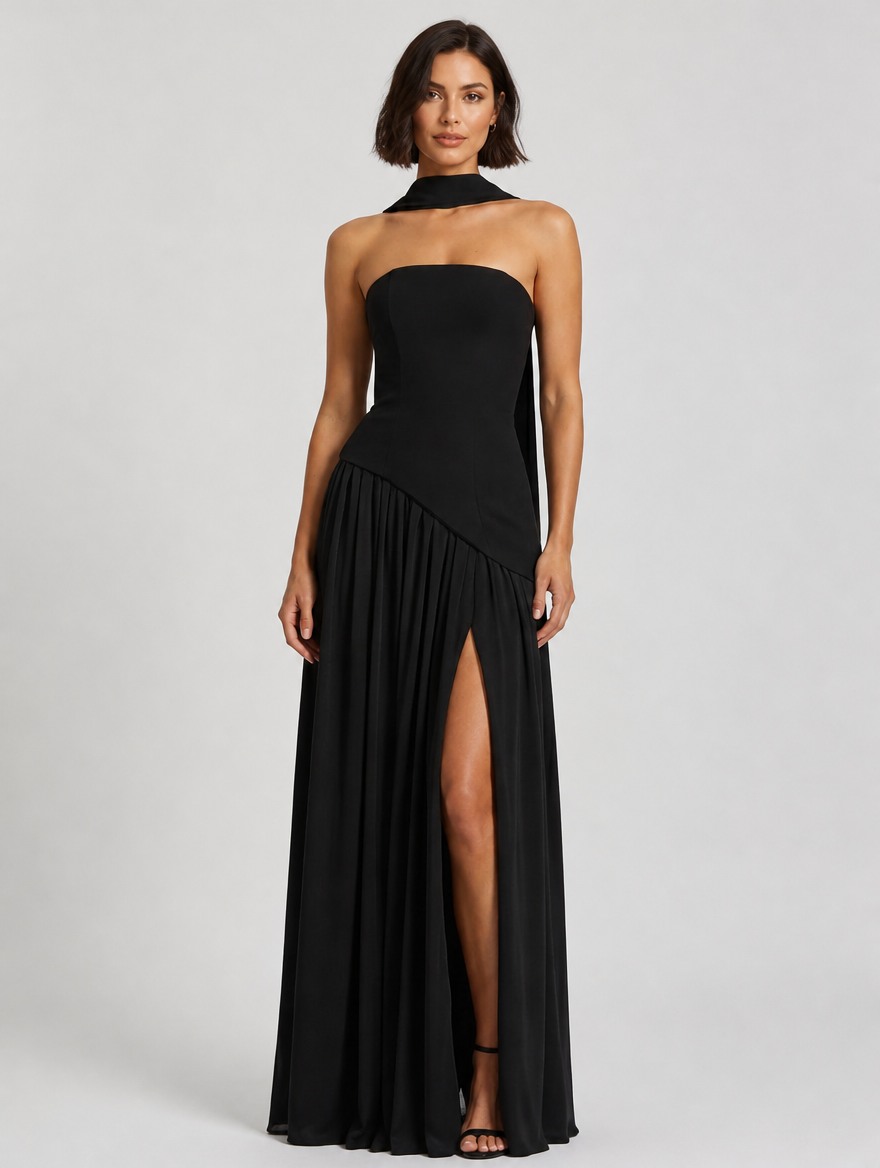 Seraphina Strapless Scarf Maxi Dress - Black