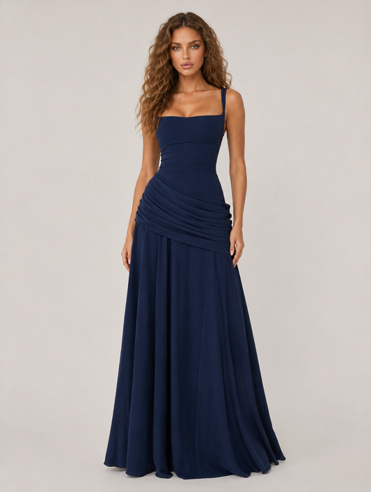 Octavia Square-Neck Draped Maxi Dress - Navy Blue