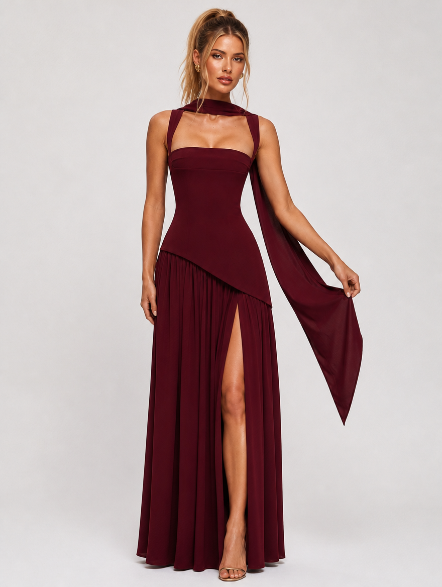 Valentina Scarf-Neck Corset Maxi Dress - Burgundy