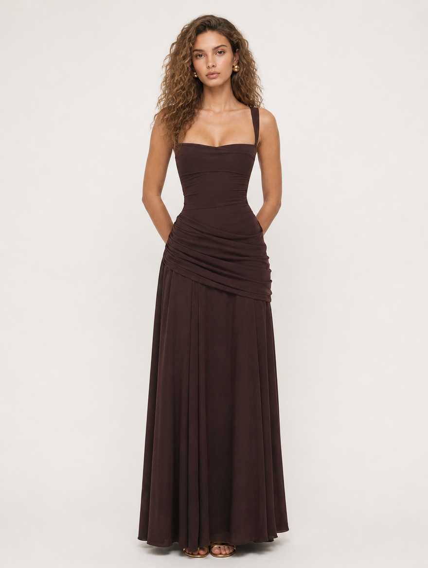 Octavia Square-Neck Draped Maxi Dress - Brown