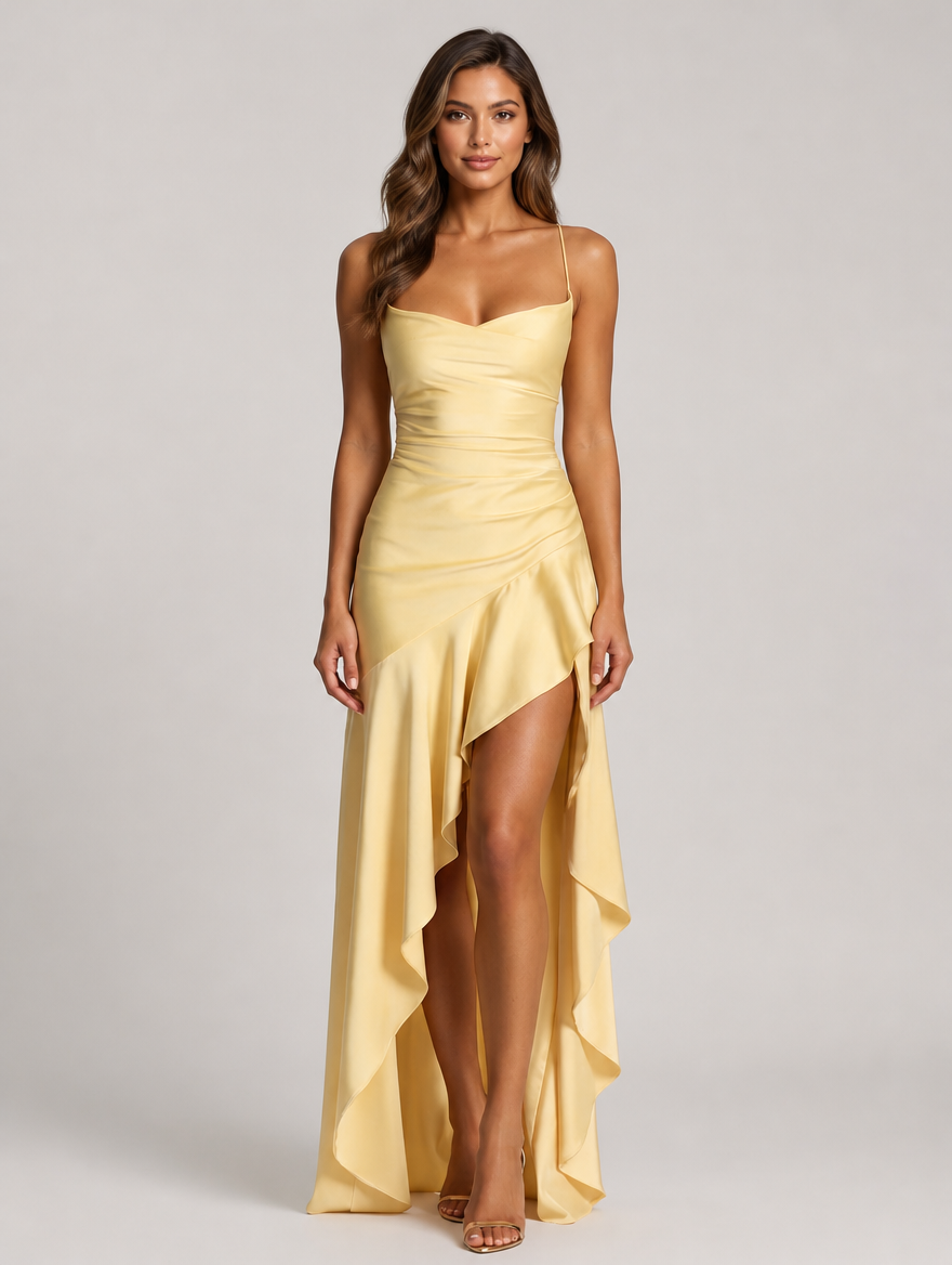 Allegra Cowl-Neck Satin Maxi Gown - Light Yellow
