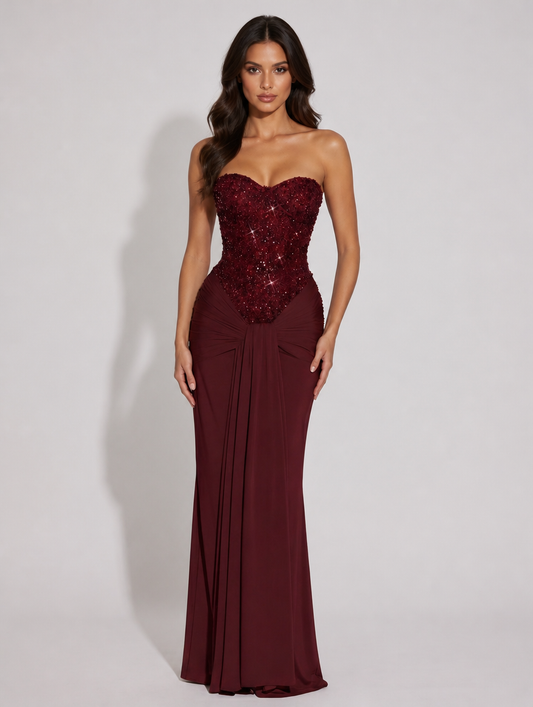 Celestine Embellished Corset Maxi Gown - Burgundy