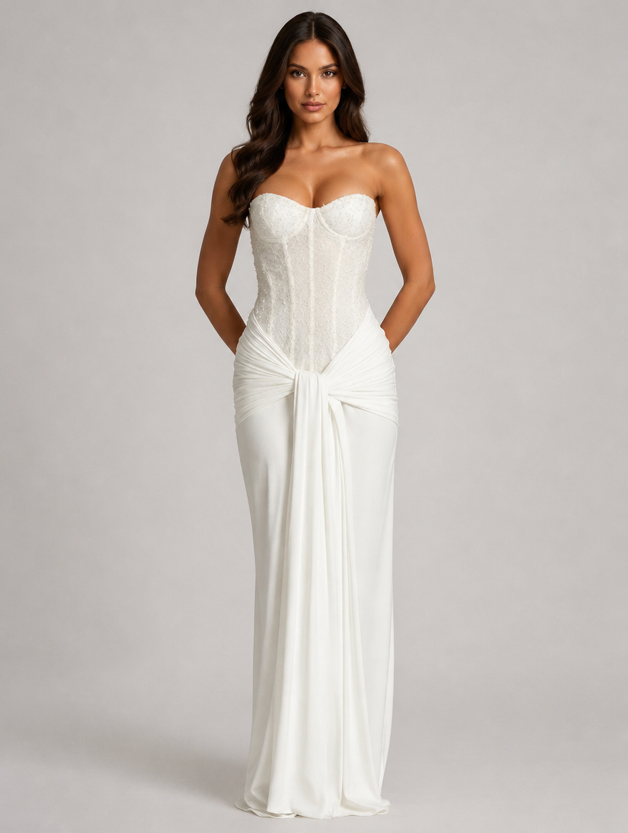 Celestine Embellished Corset Maxi Gown - White