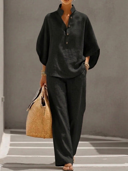 Mariela Batwing-Sleeve Two-Piece Linen-Look Set