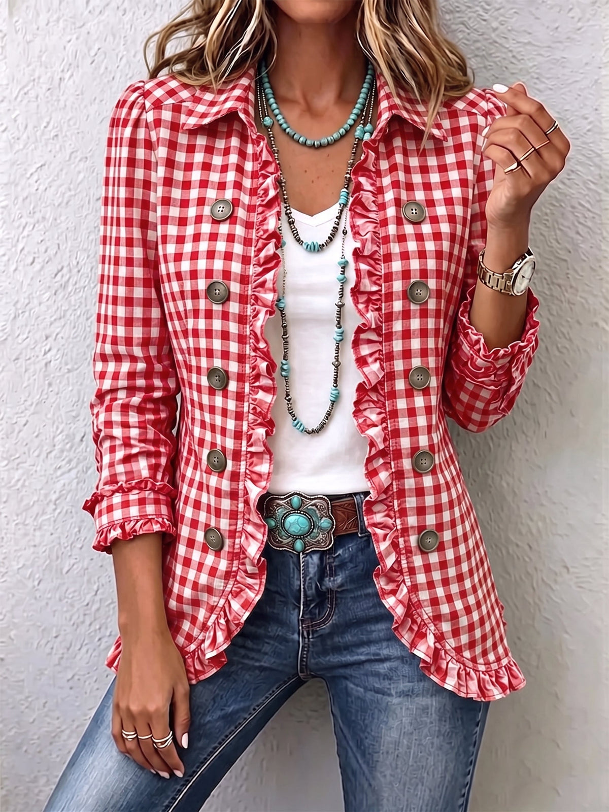 Gingham Ruffle Button Jacket