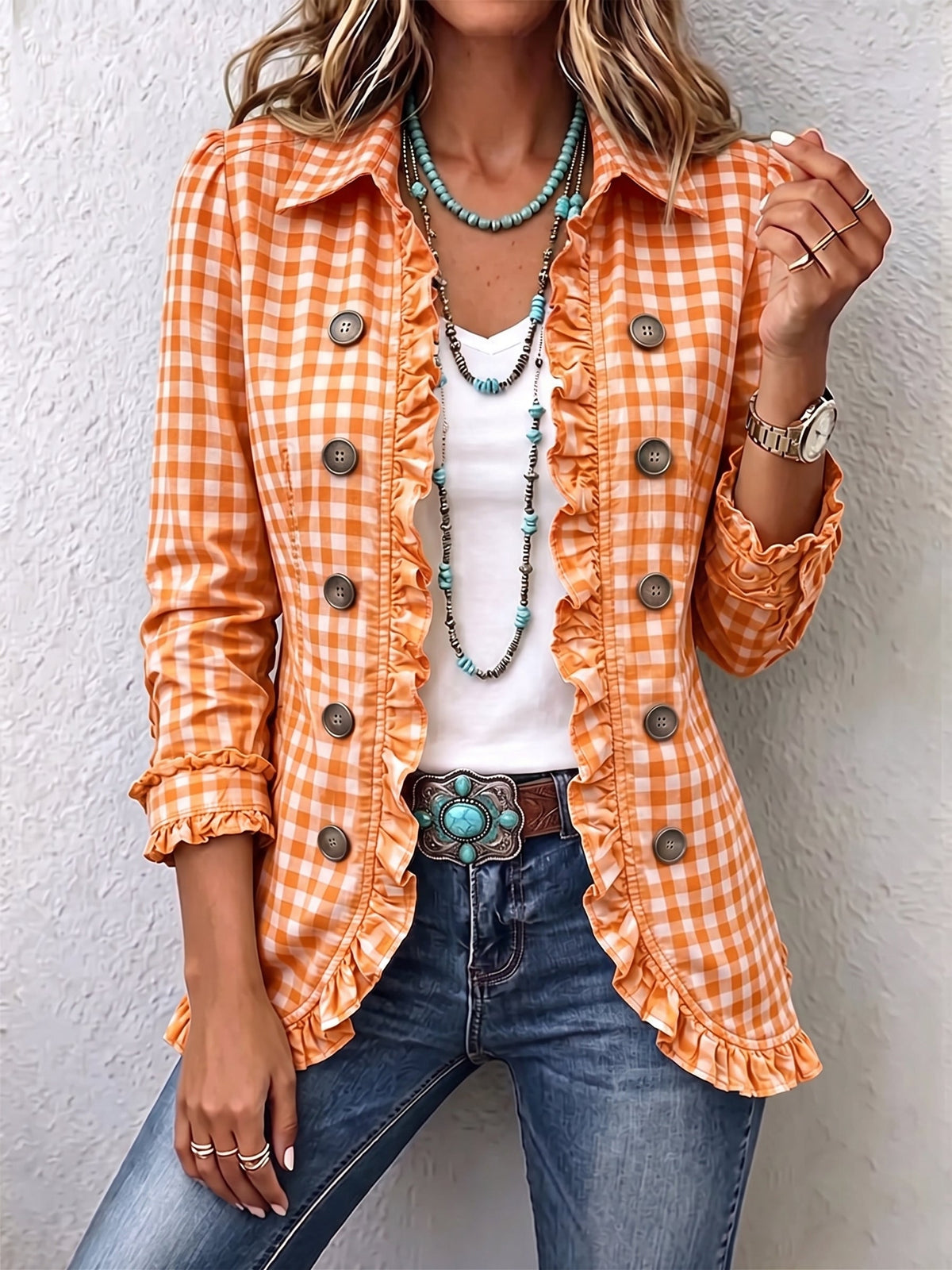 Gingham Ruffle Button Jacket