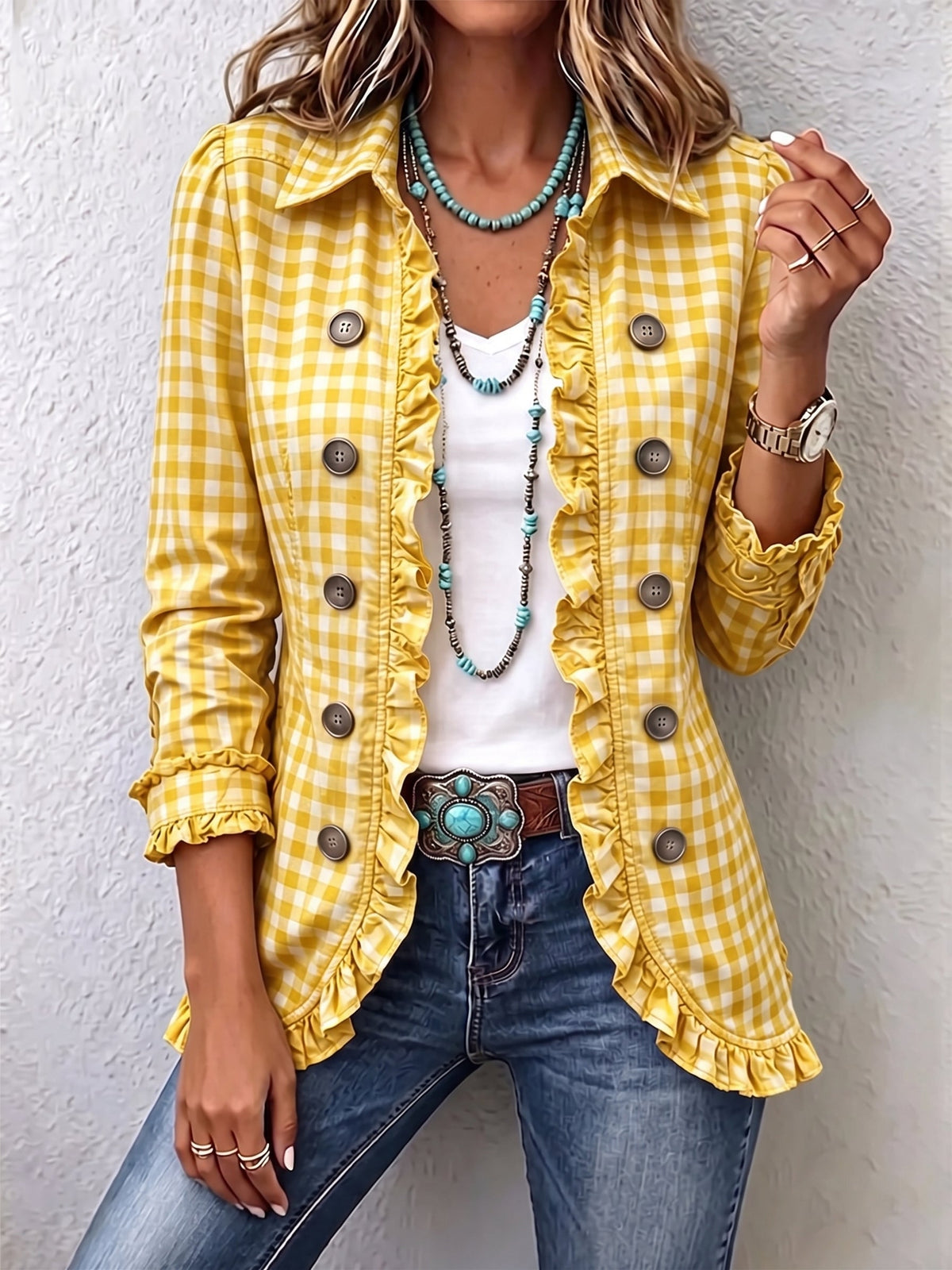 Gingham Ruffle Button Jacket