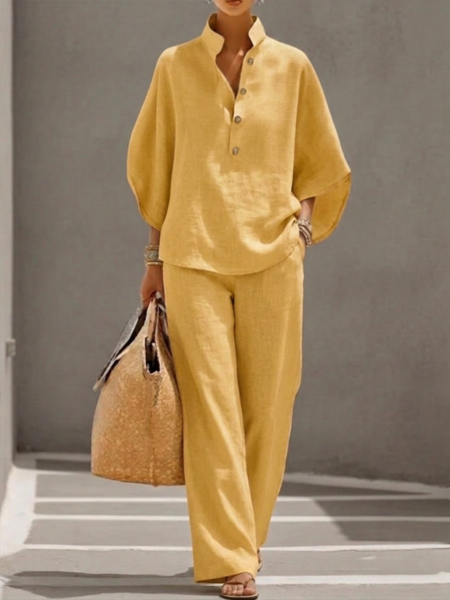 Mariela Batwing-Sleeve Two-Piece Linen-Look Set