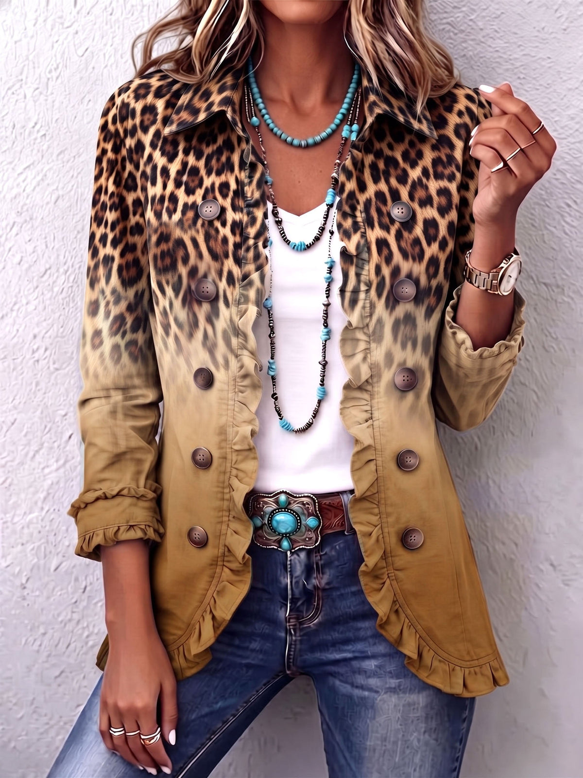 Faded Leopard Print Ruffle Blazer