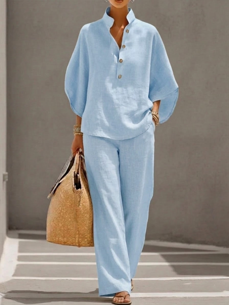 Mariela Batwing-Sleeve Two-Piece Linen-Look Set