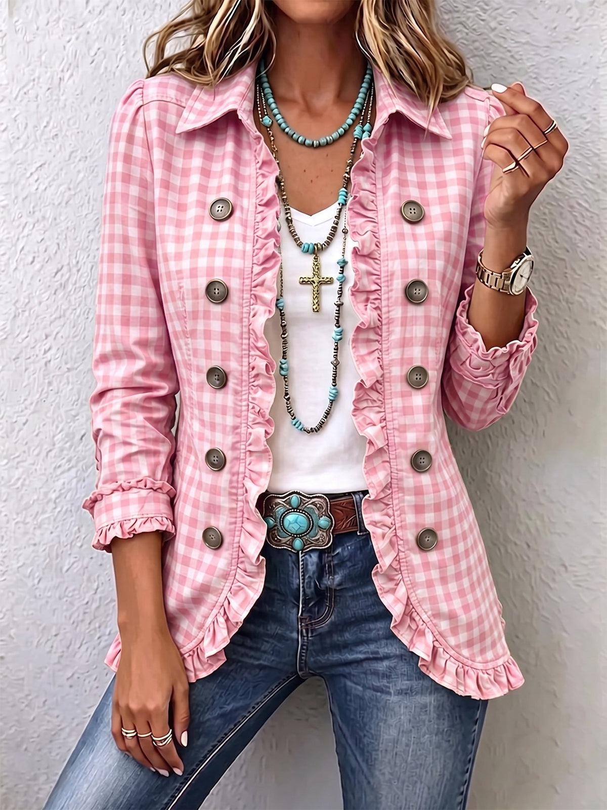 Gingham Ruffle Button Jacket