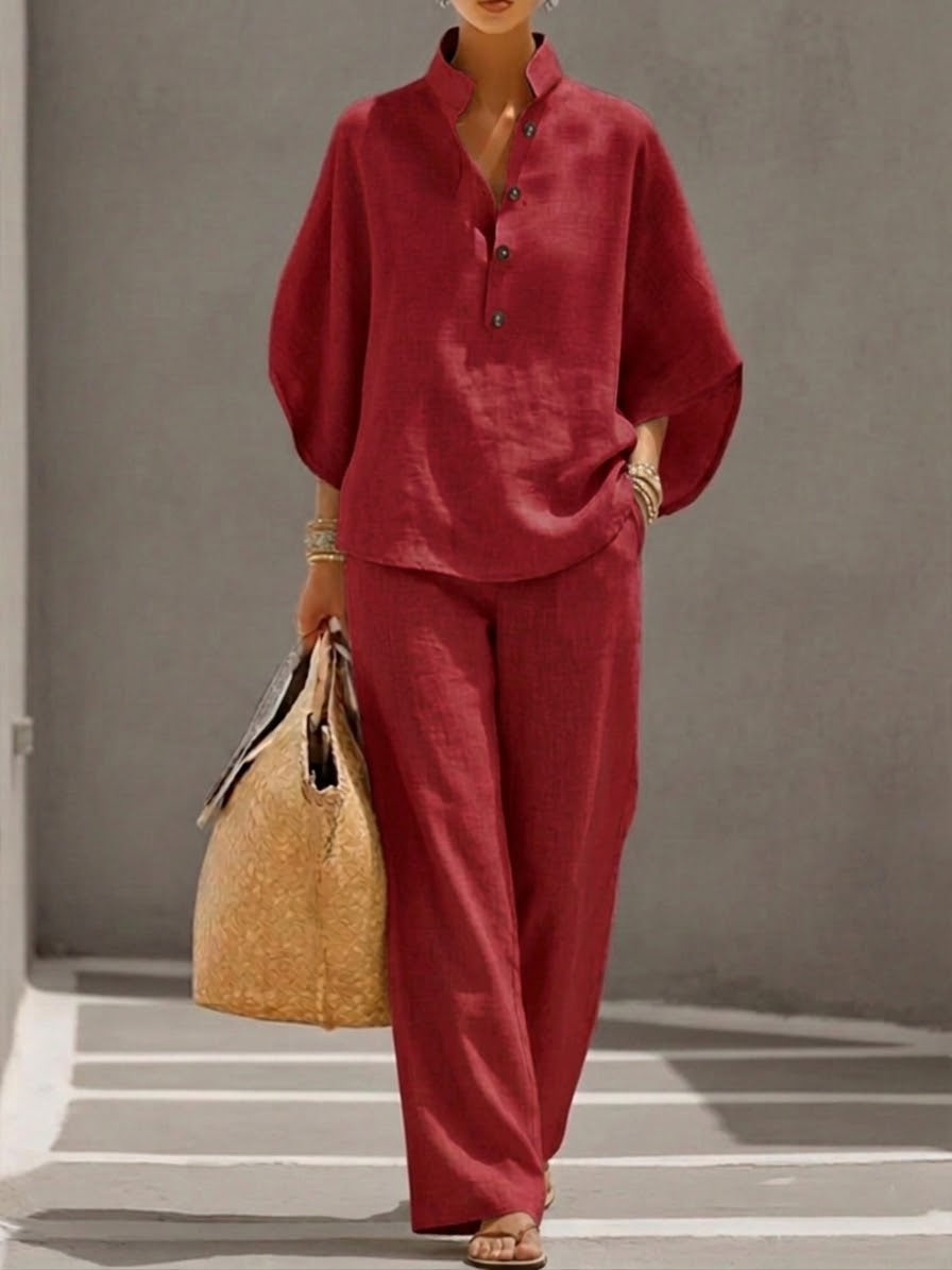 Mariela Batwing-Sleeve Two-Piece Linen-Look Set