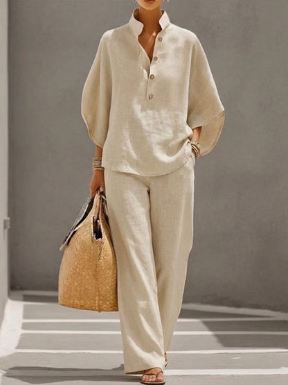 Mariela Batwing-Sleeve Two-Piece Linen-Look Set